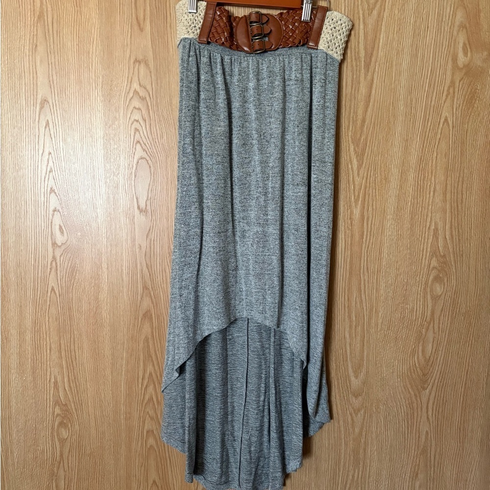 Miss Chievous Gray Knit Maxi High-Low Wide Crochet and Braided Belt Skirt